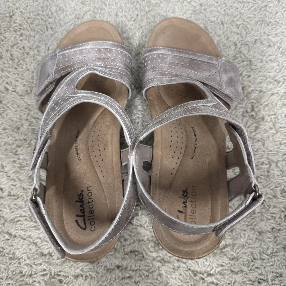 Clarks Calenne Carmen Sandal Wedge Leather Beige Gold Slingback Womens 7 Comfort